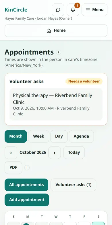 Appointments calendar in the KinCircle app, showing October for the fictional Hayes family.