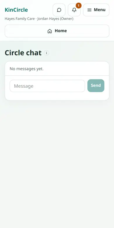 Circle chat in the KinCircle app, empty until someone in the fictional Hayes family sends a message.