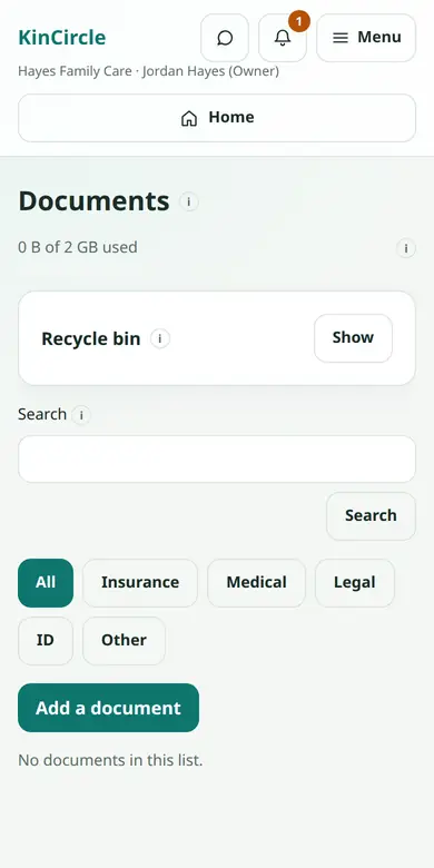 Documents screen in the KinCircle app, ready for papers for the fictional Hayes family.