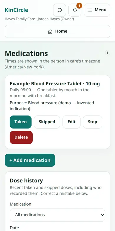 Medications screen in the KinCircle app, with a dose schedule for the fictional Hayes family.